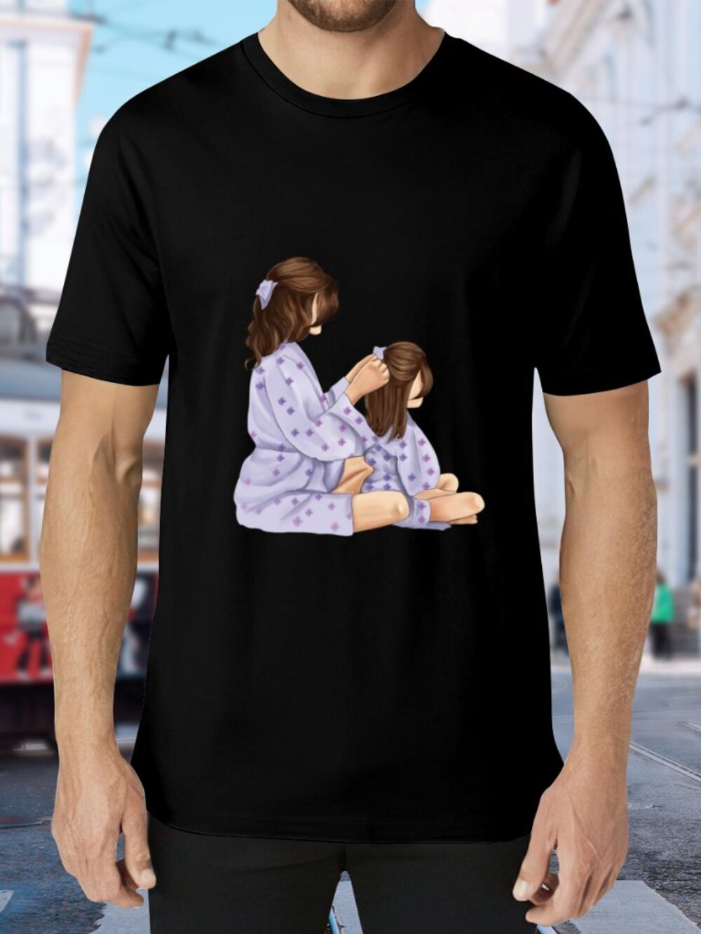Black Graphic Tee with Mom & Daughter Illustration